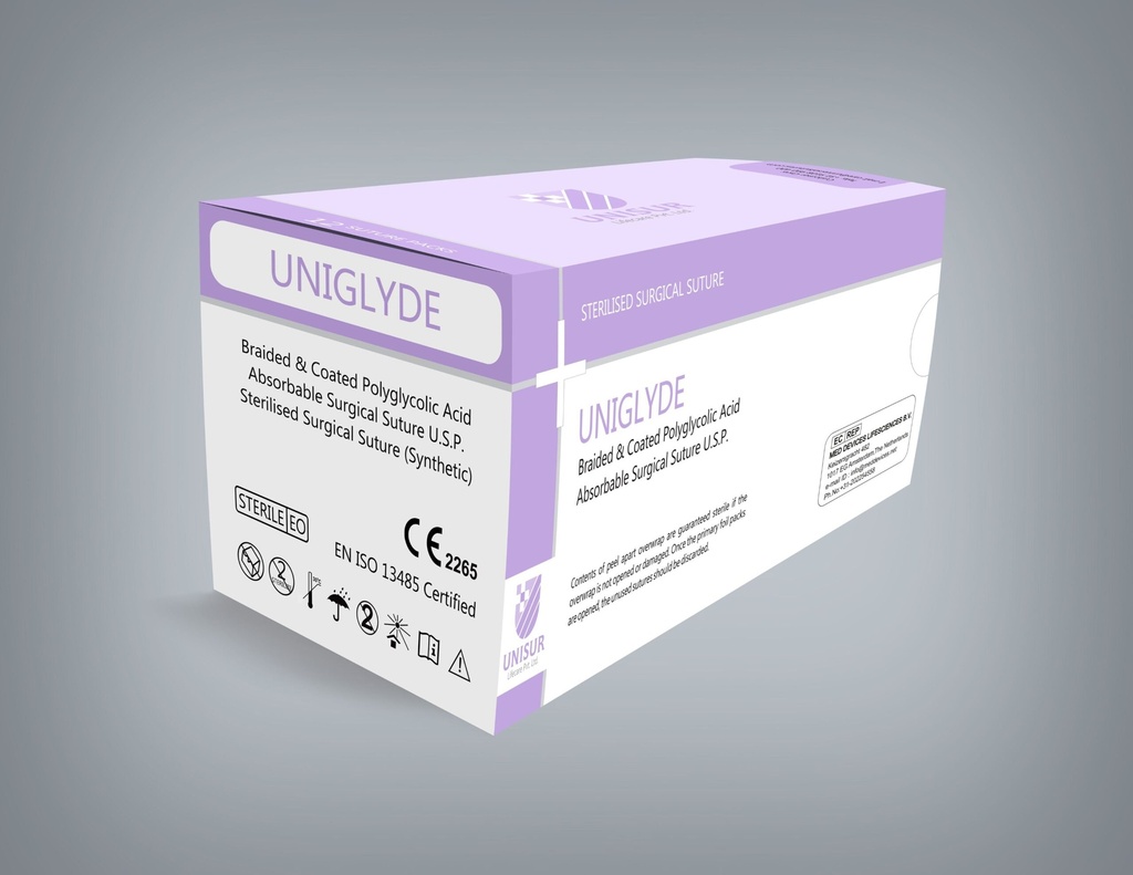 Sutura Quirurgica Uniglyde Mono (Poliglecaprone 25) Monofilamento Absorbible Size 3-0, 12 uds.